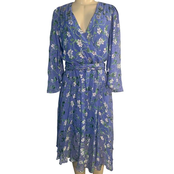 Alice + Olivia Dress Womens 8 Blue Floral Embroidered Long Sleeve Belted Sheer - Picture 1 of 15